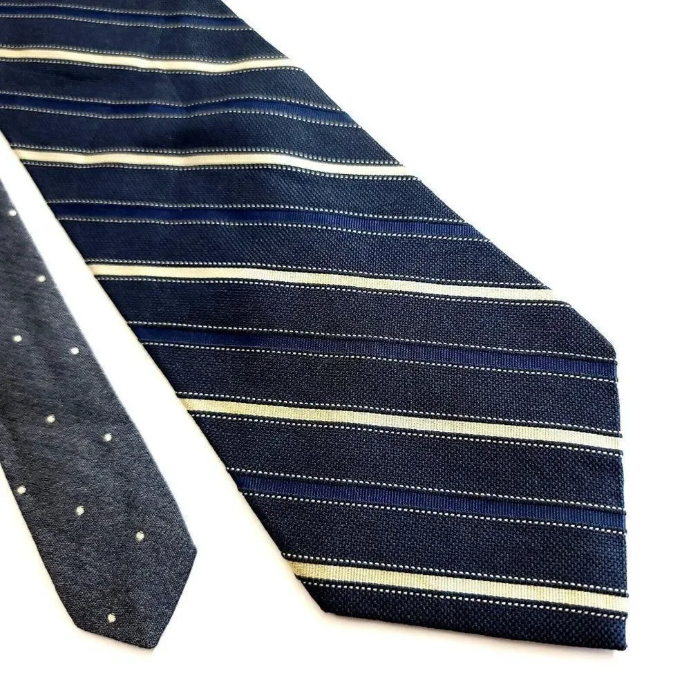 Tommy‎ Hilfiger Woven Blue Tan Striped W/ Gray Two Tone Polka Dot Silk Tie